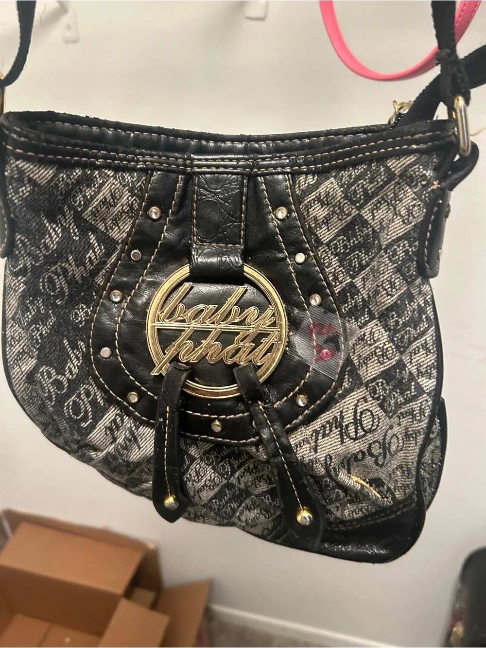 Baby Phat Black and Gray Logo Shoulder Bag with Gold Emblem